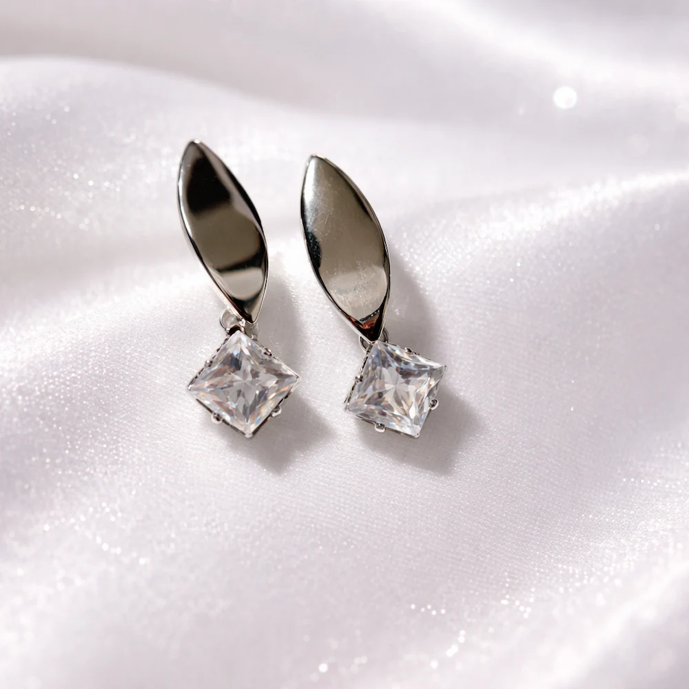 Silver Petal Crystal Drop Earrings