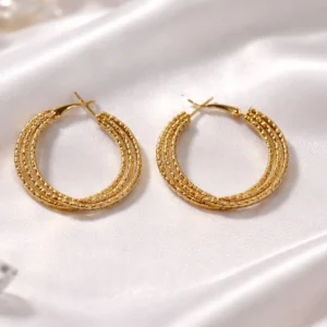 Triple-Row Textured Golden Hoops